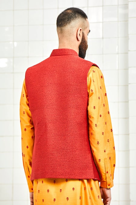 Shop Rajesh Pratap Singh Red Viscose Textured Nehru Jacket at Aza Fashions Shop_Rajesh Pratap Singh_Red Viscose Textured Nehru Jacket _at_Aza_Fashions