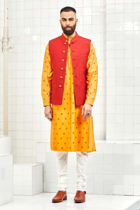 Rajesh Pratap Singh Red Viscose Textured Nehru Jacket Online at Aza Fashions Rajesh Pratap Singh_Red Viscose Textured Nehru Jacket _Online_at_Aza_Fashions