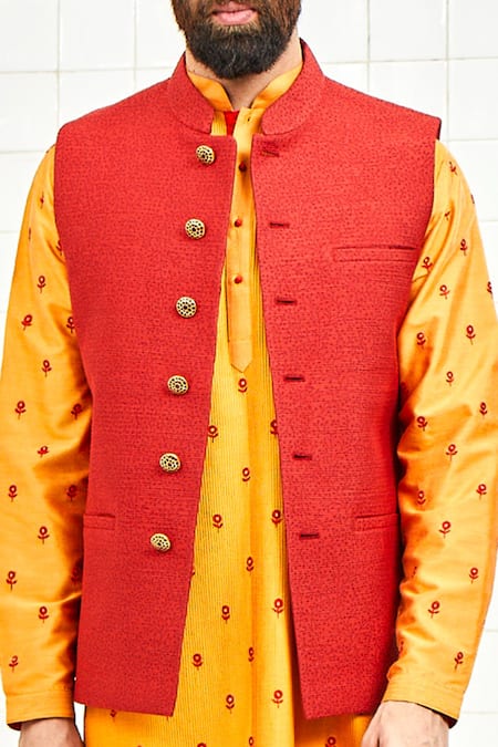 Rajesh Pratap Singh Red Viscose Textured Nehru Jacket at Aza Fashions Rajesh Pratap Singh_Red Viscose Textured Nehru Jacket _at_Aza_Fashions