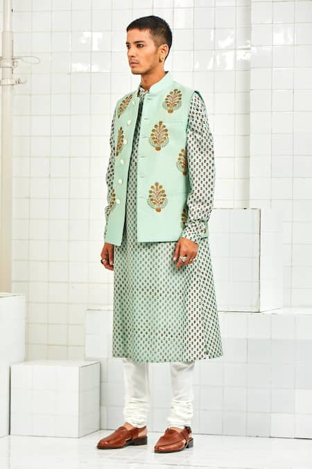 Shop Rajesh Pratap Singh Green Viscose Textured Nehru Jacket Online at Aza Fashions Shop_Rajesh Pratap Singh_Green Viscose Textured Nehru Jacket _Online_at_Aza_Fashions