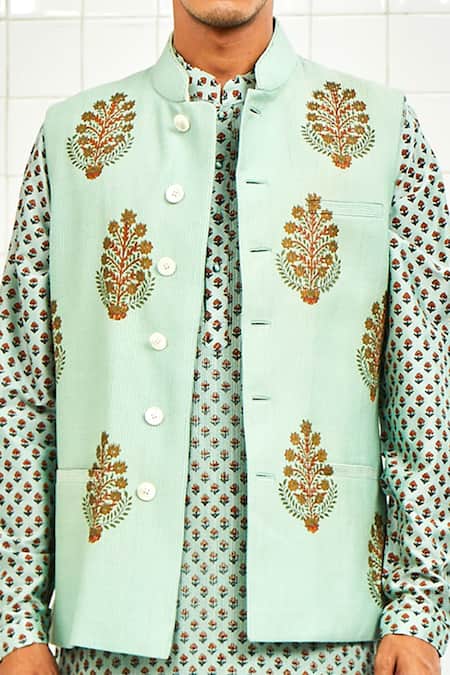 Rajesh Pratap Singh Green Viscose Textured Nehru Jacket at Aza Fashions Rajesh Pratap Singh_Green Viscose Textured Nehru Jacket _at_Aza_Fashions