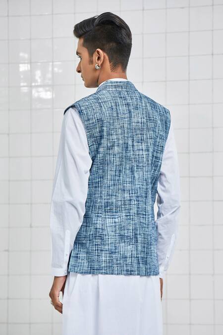 Shop Rajesh Pratap Singh Blue Linen Dantra Handwoven Bundi at Aza Fashions Shop_Rajesh Pratap Singh_Blue Linen Dantra Handwoven Bundi _at_Aza_Fashions