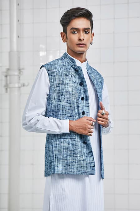 Rajesh Pratap Singh Blue Linen Dantra Handwoven Bundi Online at Aza Fashions Rajesh Pratap Singh_Blue Linen Dantra Handwoven Bundi _Online_at_Aza_Fashions