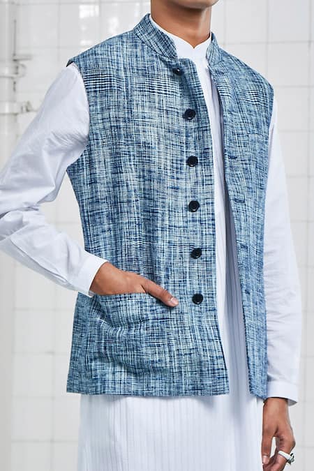 Rajesh Pratap Singh Blue Linen Dantra Handwoven Bundi at Aza Fashions Rajesh Pratap Singh_Blue Linen Dantra Handwoven Bundi _at_Aza_Fashions