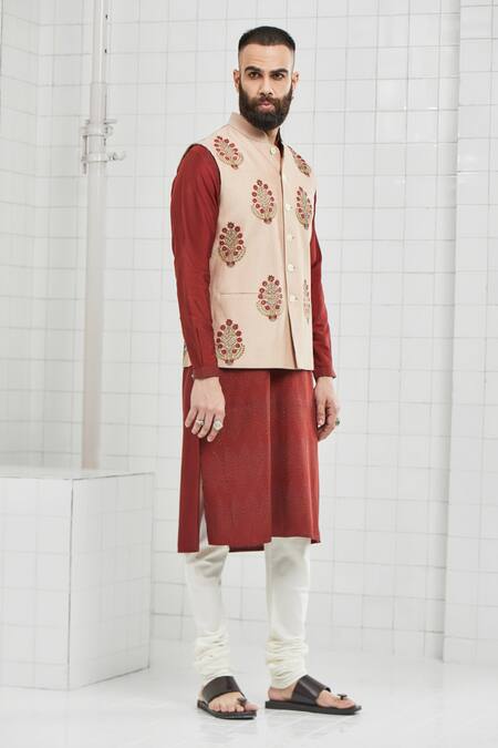 Rajesh Pratap Singh Beige Viscose Bhoon Handwoven Pintuck Bundi Online at Aza Fashions Rajesh Pratap Singh_Beige Viscose Bhoon Handwoven Pintuck Bundi _Online_at_Aza_Fashions