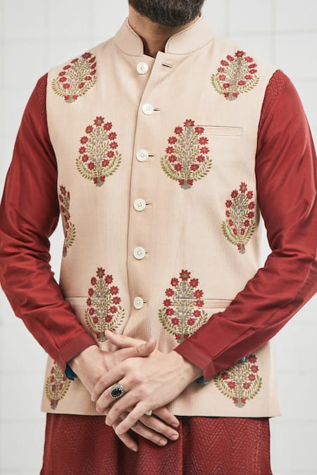 Rajesh Pratap Singh Beige Viscose Bhoon Handwoven Pintuck Bundi at Aza Fashions Rajesh Pratap Singh_Beige Viscose Bhoon Handwoven Pintuck Bundi _at_Aza_Fashions
