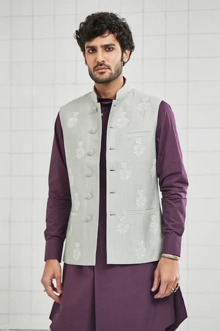 Rajesh Pratap Singh Grey Viscose Anakar Handwoven Quilted Bundi