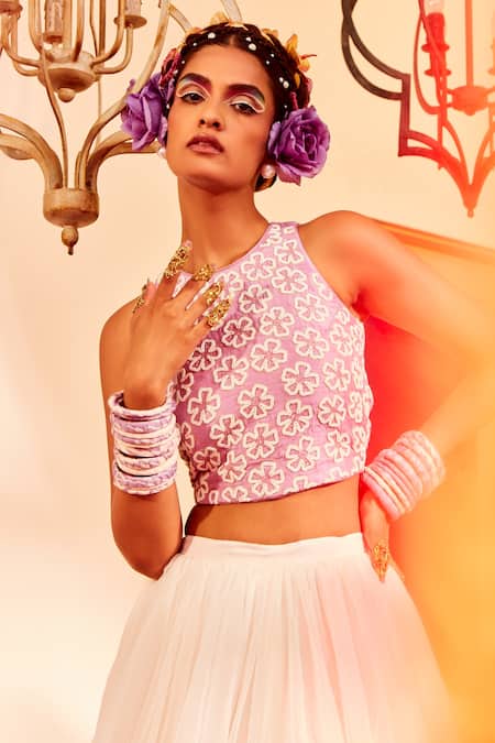 Mona And Vishu_Ivory Blouse Dupion Silk, Lehenga Organza Pearl Work Embroidered And Set_Online_at_Aza_Fashions