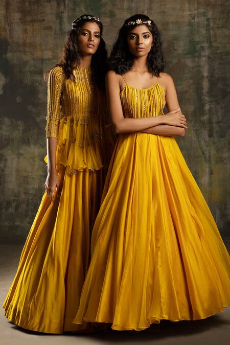 Shop_Mona And Vishu_Yellow Anarkali  Dupion Silk, Dupatta  Organza Beads, Embroidered Bodice With _Online_at_Aza_Fashions
