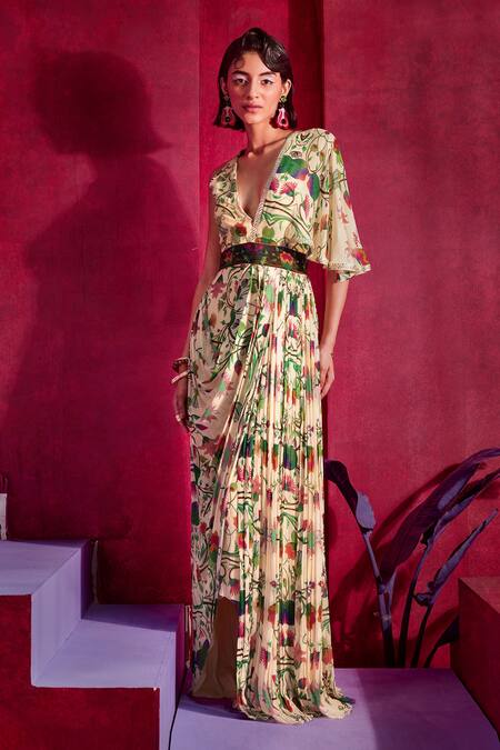 Limerick By Abirr N' Nanki_Beige Georgette Floral Print V Neck Zeniya Saree Gown _Online_at_Aza_Fashions