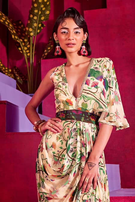 Buy_Limerick By Abirr N' Nanki_Beige Georgette Floral Print V Neck Zeniya Saree Gown _Online_at_Aza_Fashions