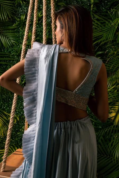 Buy_Pallavi Poddar_Blue Georgette, Organza Sequins, Lucknowi Pre-draped Saree With Blouse _Online_at_Aza_Fashions