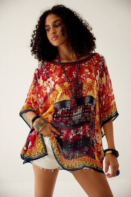 Buy_Payal Jain_Multi Color Georgette Floral Pattern V Neck Short Kaftan_Online_at_Aza_Fashions