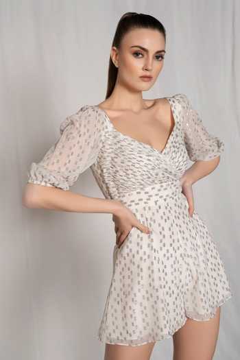 Shop_Amrta By Guneet Kondal_White Viscose, Georgette Embroidery Lovestruck Metallic Yarn Playsuit _Online_at_Aza_Fashions