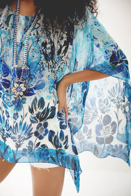 Buy_Payal Jain_Blue Georgette Floral Round Botanical Pattern Short Chiffon Kaftan_Online_at_Aza_Fashions