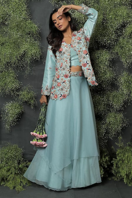 Shop_Usha Bagri_Blue Silk, Organza Round Embroidered Jacket And Lehenga Set _at_Aza_Fashions