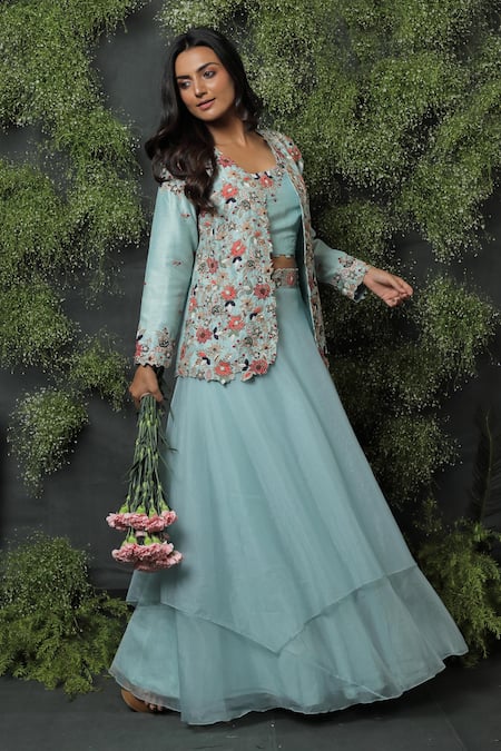 Usha Bagri_Blue Silk, Organza Round Embroidered Jacket And Lehenga Set _Online_at_Aza_Fashions