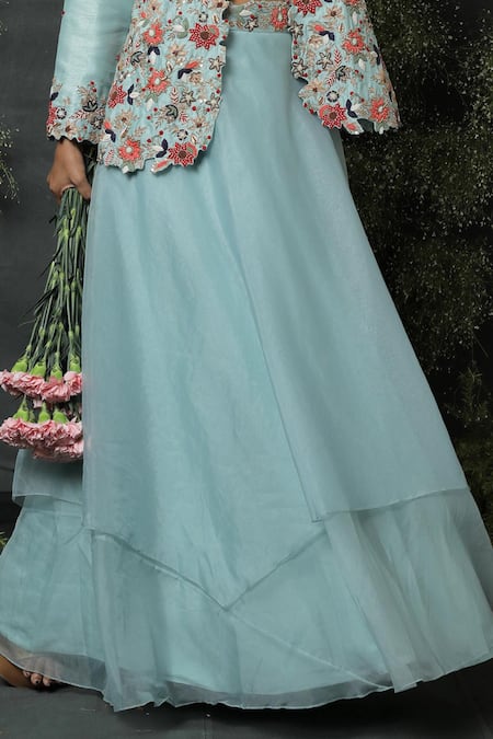 Usha Bagri_Blue Silk, Organza Round Embroidered Jacket And Lehenga Set _at_Aza_Fashions