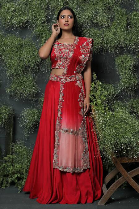 Shop_Usha Bagri_Red Silk, Organza Round Embroidered Lehenga Set _at_Aza_Fashions