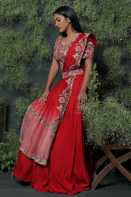 Usha Bagri_Red Silk, Organza Round Embroidered Lehenga Set _Online_at_Aza_Fashions