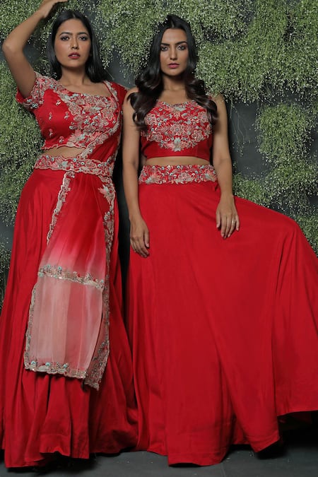 Buy_Usha Bagri_Red Silk, Organza Round Embroidered Lehenga Set _Online_at_Aza_Fashions