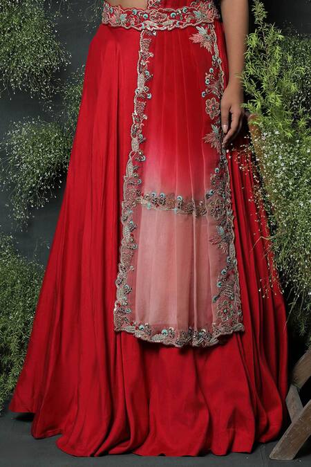 Shop_Usha Bagri_Red Silk, Organza Round Embroidered Lehenga Set _Online_at_Aza_Fashions