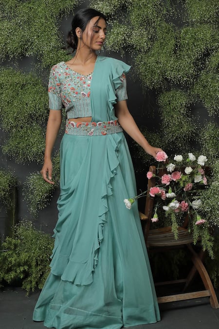 Shop_Usha Bagri_Blue Organza Embroidery V Neck Lehenga Set With Ruffle Dupatta  _at_Aza_Fashions