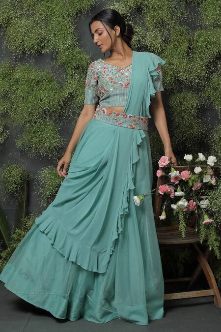 Usha Bagri_Blue Organza Embroidery V Neck Lehenga Set With Ruffle Dupatta  _Online_at_Aza_Fashions