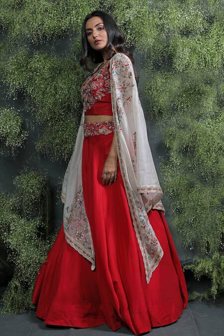 Shop_Usha Bagri_Red Silk, Organza Round Embroidered Lehenga Set With Cape _at_Aza_Fashions