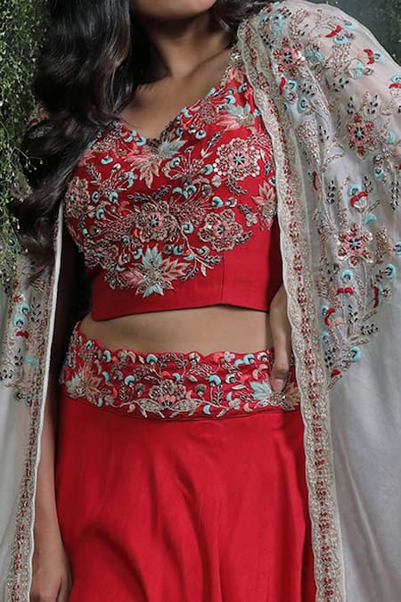 Usha Bagri_Red Silk, Organza Round Embroidered Lehenga Set With Cape _Online_at_Aza_Fashions