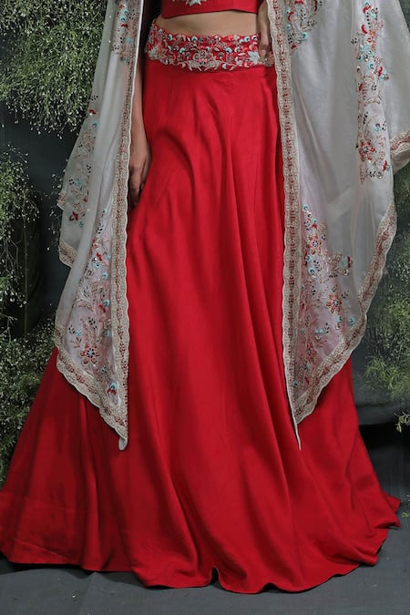 Buy_Usha Bagri_Red Silk, Organza Round Embroidered Lehenga Set With Cape _Online_at_Aza_Fashions