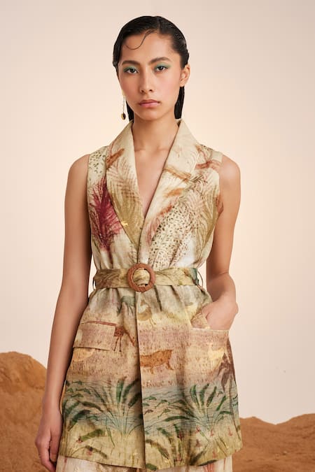 Cord Beige Linen Summer Wood Print Blazer And Pant Set Online at Aza Fashions Cord_Beige Linen Summer Wood Print Blazer And Pant Set_Online_at_Aza_Fashions