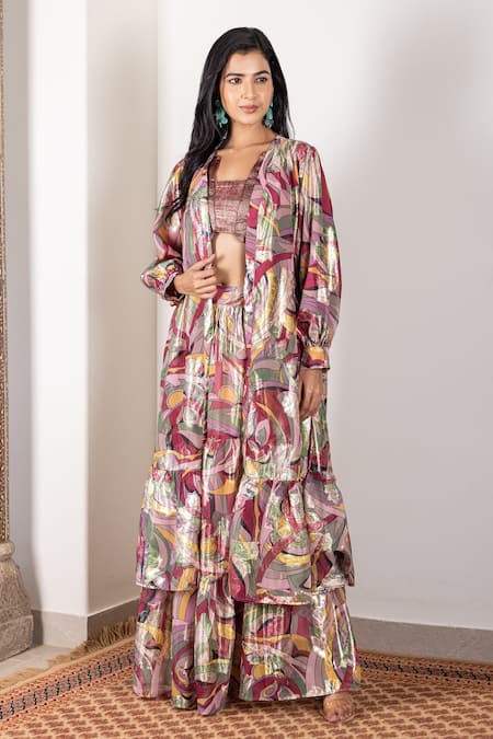 Buy_Inara Jaipur_Multi Color Shrug And Skirt Imported Brocade Georgette Blouse Pattern & Set_Online_at_Aza_Fashions