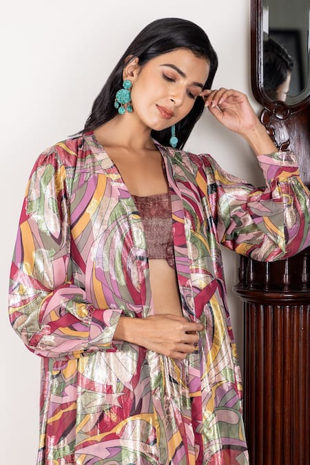 Shop_Inara Jaipur_Multi Color Shrug And Skirt Imported Brocade Georgette Blouse Pattern & Set_Online_at_Aza_Fashions