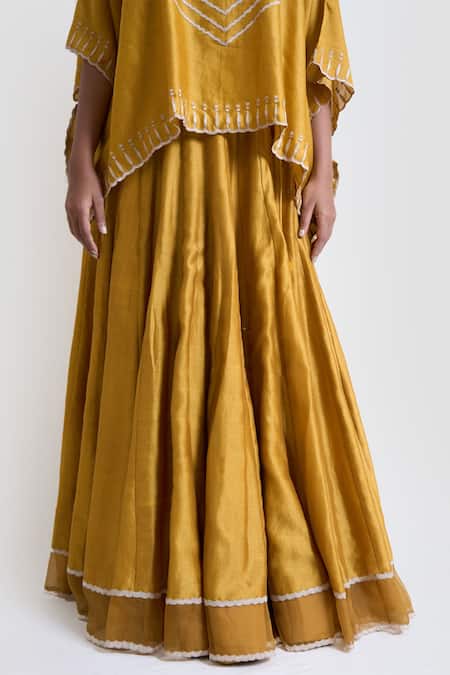 Buy_Brij_Yellow Chanderi Silk Embroidery, Cut Work Round Neck Kaftan Top And Lehenga Set _Online_at_Aza_Fashions