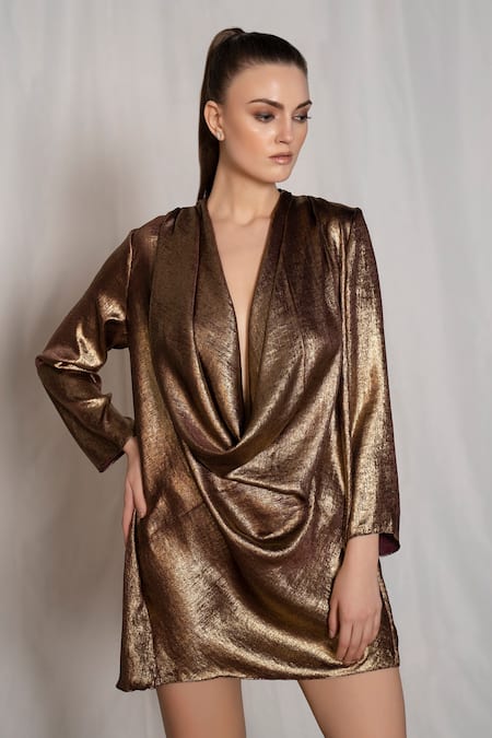 Shop_Amrta By Guneet Kondal_Gold Polyester, Satin Foil Printing Cowl Neck Dress _Online_at_Aza_Fashions