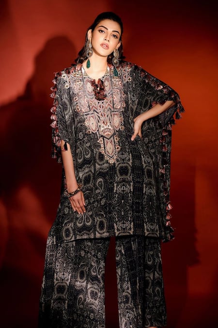 Payal Singhal Black Crepe Printed Notched Salima Kaftan And Palazzo Set