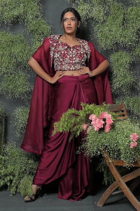 Usha Bagri Draped Skirt Set With Cape 