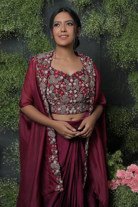 Usha Bagri_Purple Organza, Satin V Neck Draped Skirt Set With Cape _Online_at_Aza_Fashions