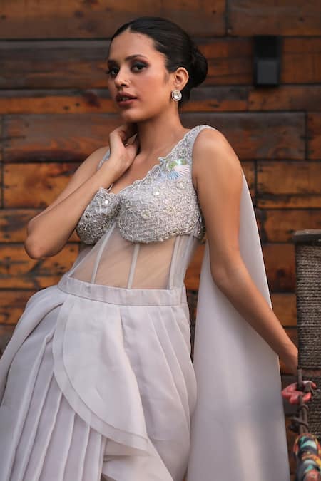 Shop_House Of Tushaom_Gray Satin Organza Embroidery Resham Leaf Neck Grey Saree Gown _Online_at_Aza_Fashions