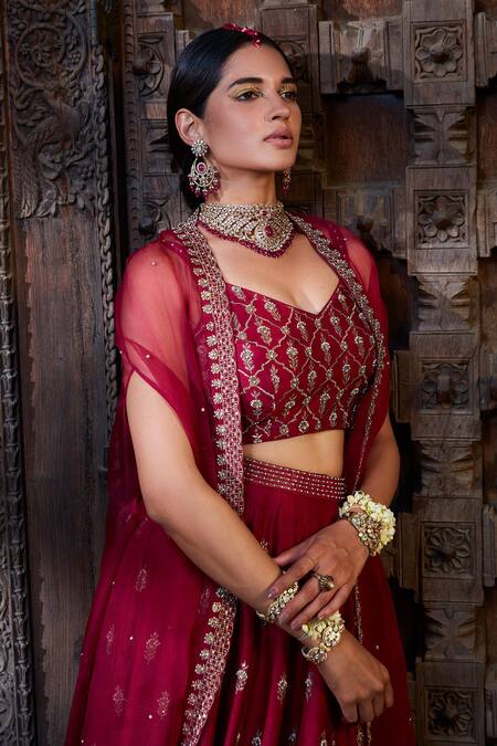 Shop_Kritika Dawar_Pink Silk, Organza Beads, Sequins V-neck Zari Embroidered Cape Lehenga Set _Online_at_Aza_Fashions