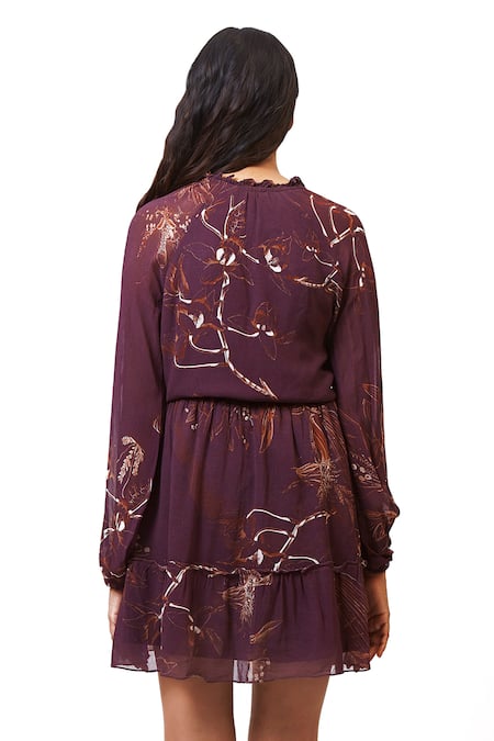 Shop Ankita Dharman Purple Georgette Lining Butter Crepe Round Floral Print Flared Dress at Aza Fashions Shop_Ankita Dharman_Purple Georgette Lining Butter Crepe Round Floral Print Flared Dress _at_Aza_Fashions
