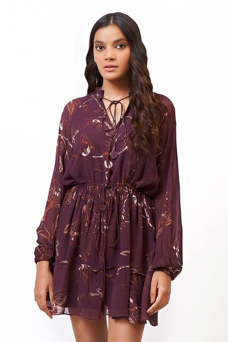 Ankita Dharman Purple Georgette Lining Butter Crepe Round Floral Print Flared Dress Online at Aza Fashions Ankita Dharman_Purple Georgette Lining Butter Crepe Round Floral Print Flared Dress _Online_at_Aza_Fashions
