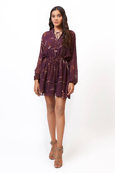 Buy Ankita Dharman Purple Georgette Lining Butter Crepe Round Floral Print Flared Dress Online at Aza Fashions Buy_Ankita Dharman_Purple Georgette Lining Butter Crepe Round Floral Print Flared Dress _Online_at_Aza_Fashions
