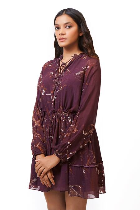 Shop Ankita Dharman Purple Georgette Lining Butter Crepe Round Floral Print Flared Dress Online at Aza Fashions Shop_Ankita Dharman_Purple Georgette Lining Butter Crepe Round Floral Print Flared Dress _Online_at_Aza_Fashions