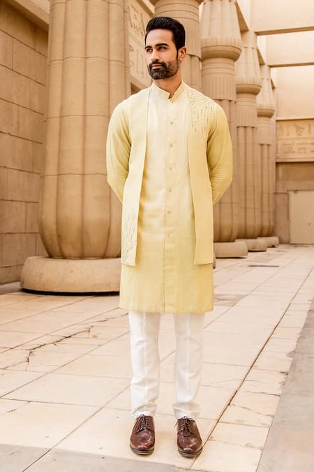 Shop_Soniya G_Yellow Silk Jacket And Kurta Set _at_Aza_Fashions