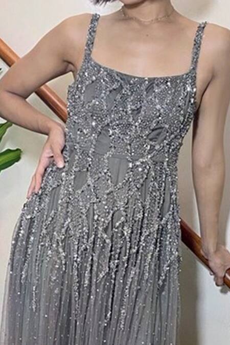 Maiti Shahani_Grey Tulle Sequins, Crystals, Glass Bead Work Square Neck Hand Embroidered Gown _Online_at_Aza_Fashions