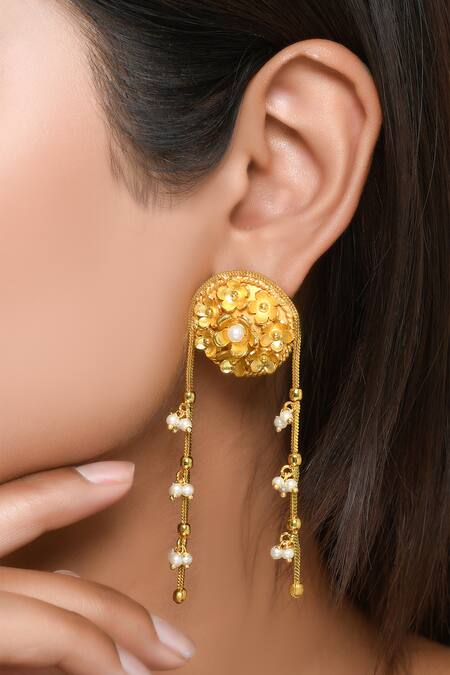 Fusio Gold Plated Pearl Chain Drop Statement Studs