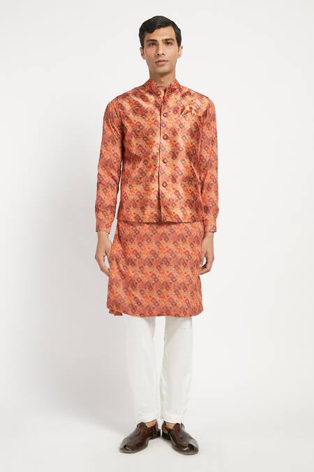 Rabani & Rakha_Orange Kurta Crepe Pant Cotton Silk Bundi Dupion Printed Set _Online_at_Aza_Fashions
