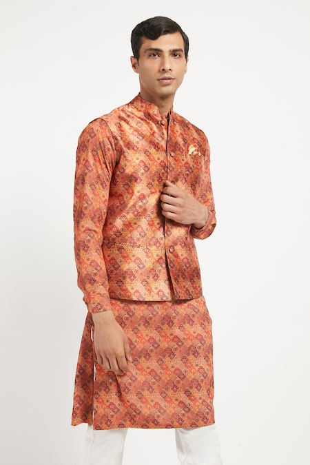 Buy_Rabani & Rakha_Orange Kurta Crepe Pant Cotton Silk Bundi Dupion Printed Set _Online_at_Aza_Fashions